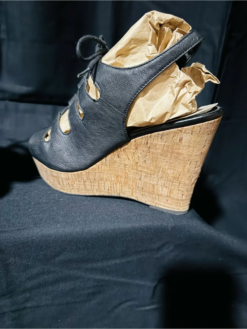 Franco Sarto black leather Cage lace-up Cork Wedge Sandals - Women